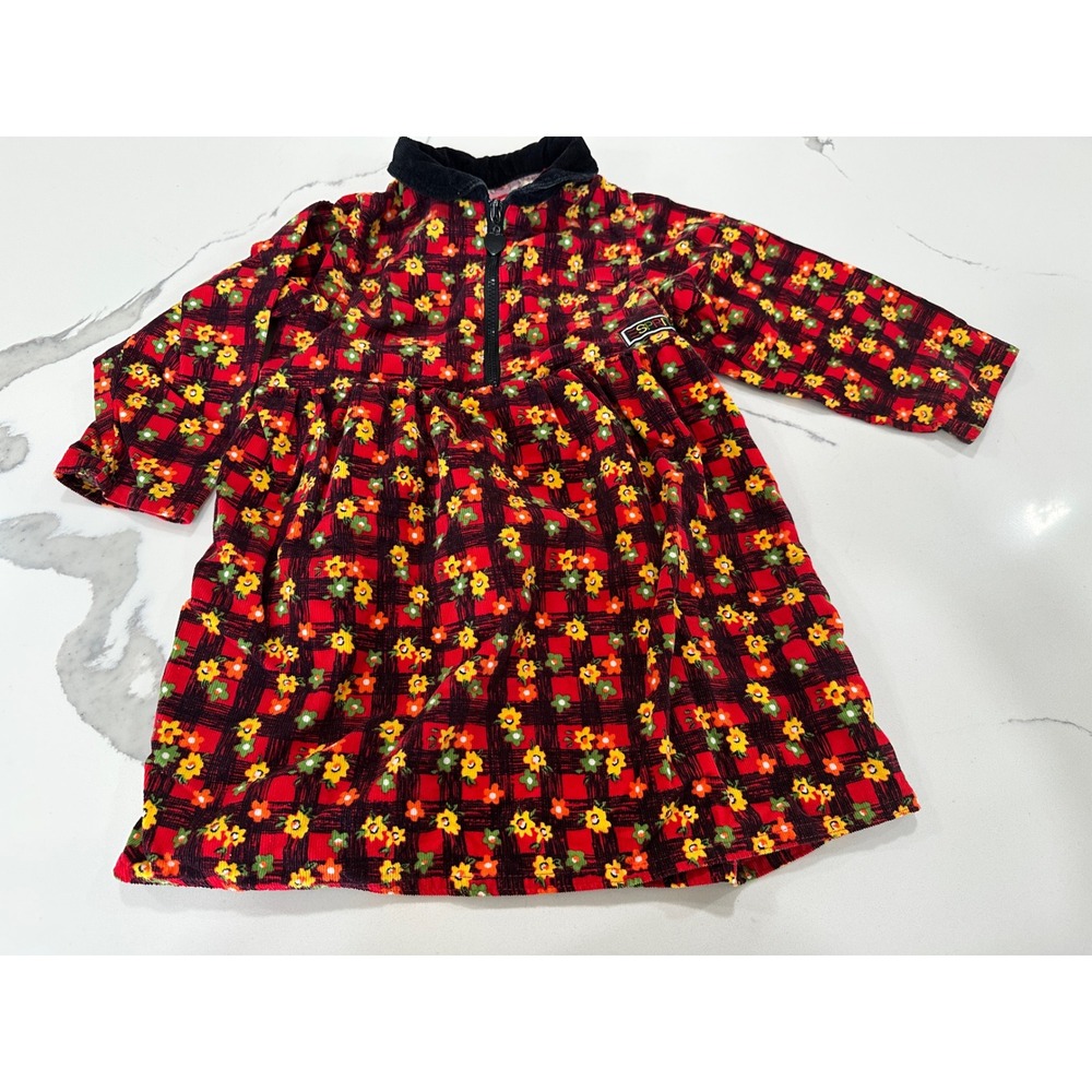 Vtg Esprit Toddler Dress 2T Red corduroy Floral Print Long Sleeve Collared‎